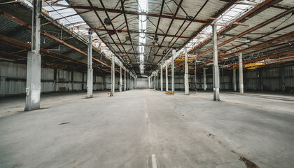 Wall Mural - Old empty warehouse with gray cement floor. Abandoned building.