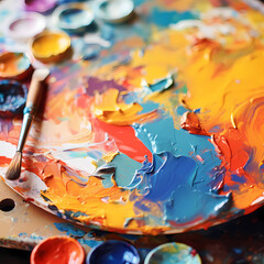 Wall Mural - Close-up of a painters palette with mixed colors.