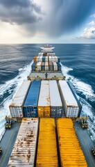Wall Mural - Massive container ship fully loaded in vibrant blue ocean waters, front view perspective