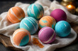 Beautiful bright image, multi-colored striped pastel bath bombs lie on a wooden plate. Self care, spa, handmade.