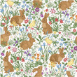 Happy Easter. Seamless pattern. Vintage vector illustration. Bunnies and chickens are among the flowers.