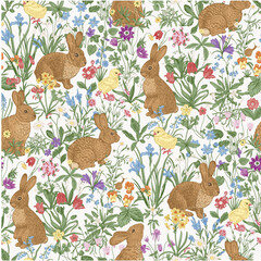 Wall Mural - Happy Easter. Seamless pattern. Vintage vector illustration. Bunnies and chickens are among the flowers.