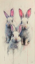 A Charming Group Of Rabbits Are Depicted With Their Faces Sketched In Delicate Pencil Lines, Each Bunny Showcasing Its Own Unique Personality And Expression.  Generative AI