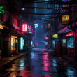 Neon-lit alleyway in a cyberpunk setting. 