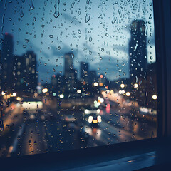 Sticker - Raindrops on a window with city lights behind.