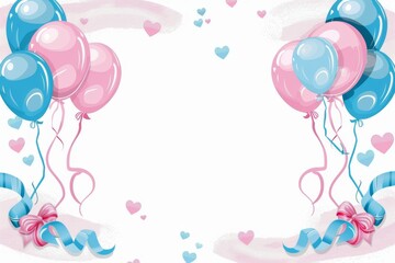 A clipart of balloons in blue and pink colors tied together with a bow. Perfect for gender reveal party invitations for baby showers or birthdays, watercolor