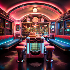 Wall Mural - Retro diner with neon signs and jukebox. 