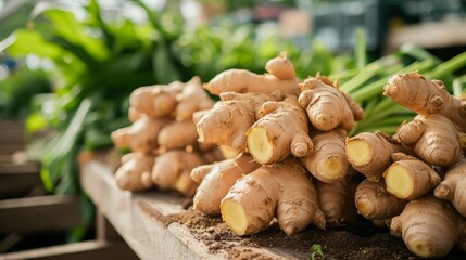 Wall Mural - Growing ginger harvest and producing vegetables cultivation. Concept of small eco green business organic farming gardening and healthy food