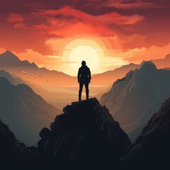 Wall Mural - Silhouette of a person at the top of a mountain. 