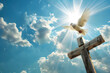 A dove flying over a Christian cross, concept of peace and resurrection, religious background for easter