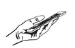 Graphical hand holding smartphone , vector illustration. Ink pen drawing, technology 