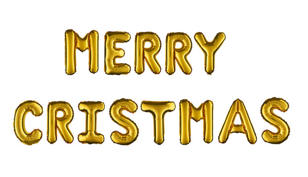 An inscription made of gold inflatable letters Merry Christmas.