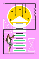 Poster - Creative trend collage of excited entrepreneur female netbook arrow point up data science trading weird freak bizarre unusual fantasy