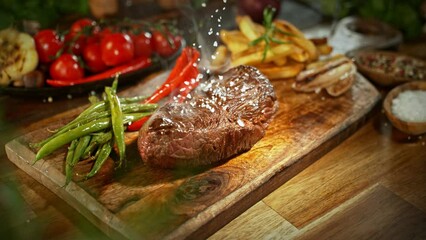 Sticker - Super Slow Motion of Flying Salt no Beef Steak. Chef is Pouring Salt on the Meal. Filmed on High Speed Cinema Camera, 1000 fps.