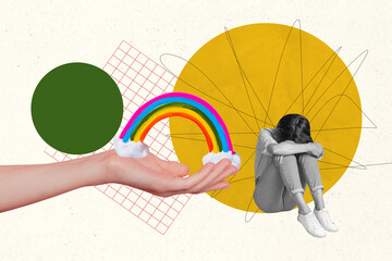 Canvas Print - Creative collage poster young depressed girl sitting cry despair anxiety hand present rainbow psychological treatment antidepressant