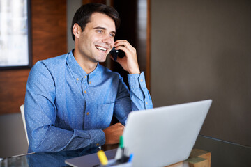 Aufkleber - Happy, phone call and businessman with laptop in office for planning, networking or web communication. Smartphone, conversation or consultant with loan advice, help or online client, faq or feedback