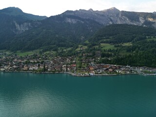 Canvas Print - View of lakeside town and Switzerland Mountains