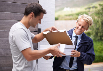 Sticker - Men, delivery and giving pizza boxes to customer at gate, home and outdoor for service, fast food and meal. People, happy and together with cardboard package for order by garden at house in Cape Town