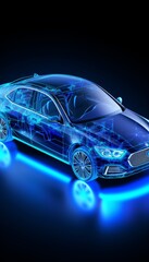 Poster - futuristic electric black car with holographic wireframe digital technology background