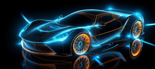 Wall Mural - Futuristic electric black car with holographic wireframe digital technology backdrop