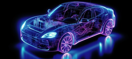 Poster - futuristic electric car with holographic wireframe digital technology on white background