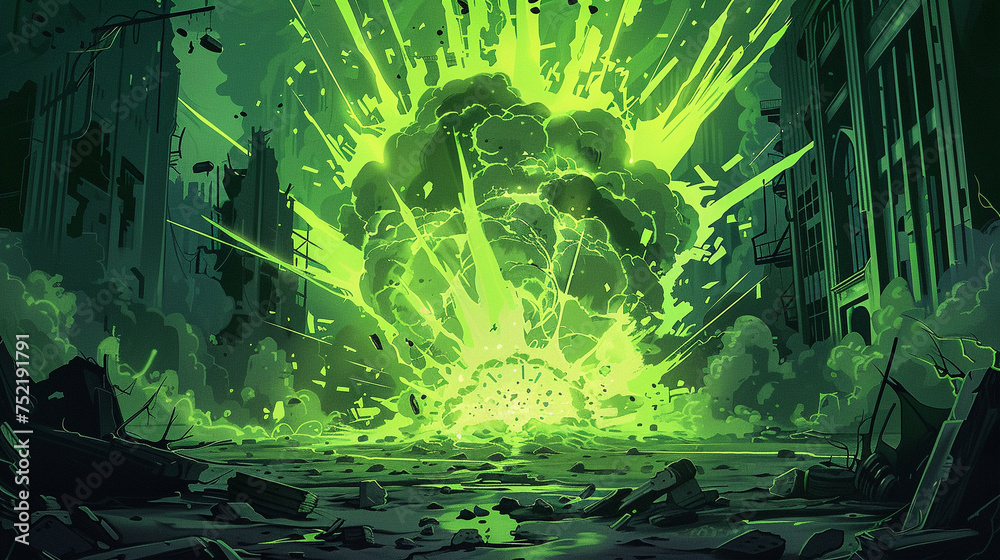 Illustration of a villains lair being obliterated by a neongreen atomic ...