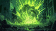 Illustration of a villains lair being obliterated by a neongreen atomic explosion comic book style shockwaves shaking the ground