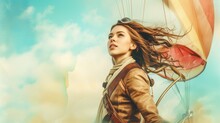 An Adventurous Young Woman With Windswept Long Hair, Sailing A Hot Air Balloon, In A Vintage Aviator's Outfit, Against A Sky Painted In Watercolor Hues.