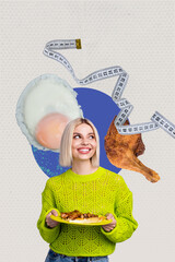 Sticker - Vertical creative collage picture young girl hold plate fried junk food chicken meat eggs measure calories diet unhealthy tempting meal