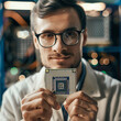 © Syed - Youthful grown-up engineer holding patched central processor-314