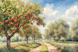 Watercolor idyllic apple orchard