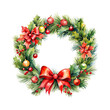 Festive watercolor christmas wreath with red bow