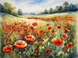 Vibrant watercolor poppies in a meadow landscape