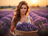 Fototapeta Mapy - Woman at lavender field at sunset