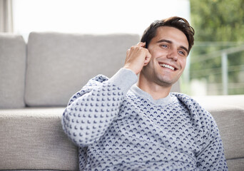 Poster - Smile, phone call and man in home living room for conversation, chat or listening to contact. Smartphone, talking and happy person in lounge for communication, news or network for connection in house