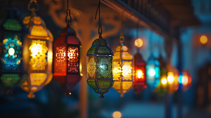 Wall Mural - A mesmerizing display of colorful Islamic lanterns hanging in a row, creating a stunning visual for Eid Mubarak greeting banners. 8K