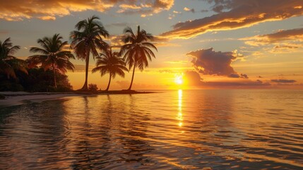 Wall Mural - Beautiful sunset over the sea with coconut palm trees in the foreground