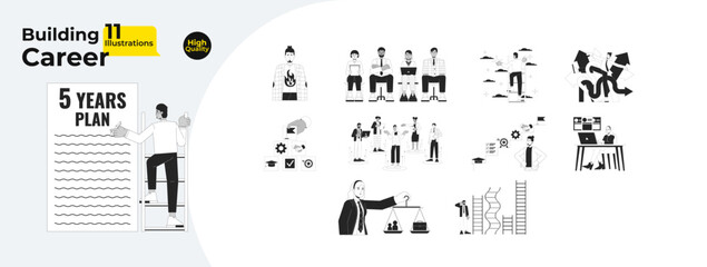 Poster - Career building black and white 2D illustrations concepts bundle. Job candidates diverse cartoon outline characters isolated on white. Burnout, achievements metaphors monochrome vector art collection