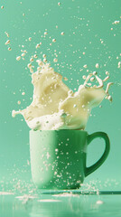 Wall Mural - Milk cream exploding with splashes from cup. Coffee concept. Pastel green bright background, copy space. Generative AI