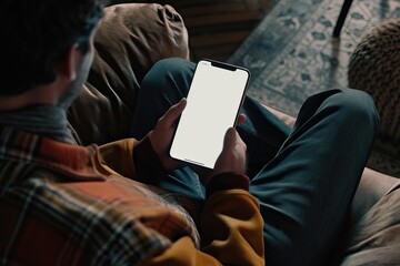 man using mobile smartphone with blank white screen on sofa in living room, copy space. mockup