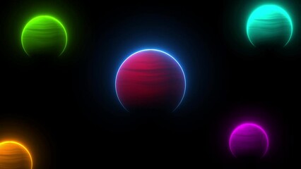 Wall Mural - Colored planets in black space. Neon light. A journey through the universe. 4k video for your project.