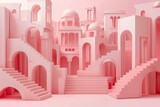 Fototapeta Zwierzęta - Pink paper cut castle with stairs. Generative AI