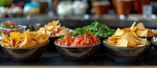 Wall Mural - A table featuring an assortment of bowls filled with different types of food items, showcasing a diverse culinary spread.