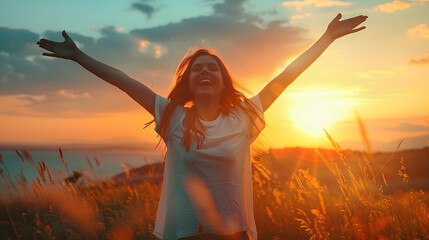 Poster - Healthy woman celebrating during a beautiful sunset. Happy and Free.