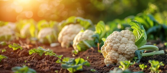 Wall Mural - A cauliflower plant is seen growing in a field, with the sun shining in the background. The plant is thriving under the natural sunlight, showcasing organic vegetable cultivation.