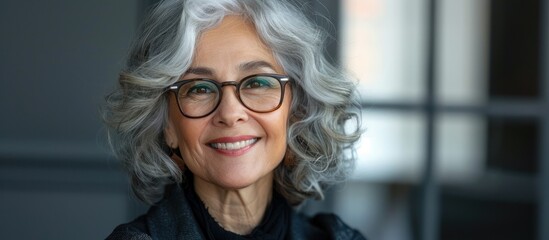 A close-up of a person with grey hair wearing glasses, showcasing the details of the frames and their facial features.