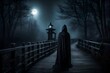 A sinister, ghostly figure in a hooded cloak, standing on a moonlit, fog-covered bridge, with an eerie, glowing lantern casting a haunting light.