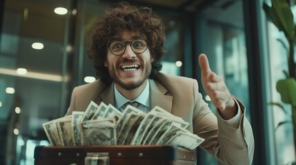 crazy happy businessman with a lot of money in briefcase, Generative Ai