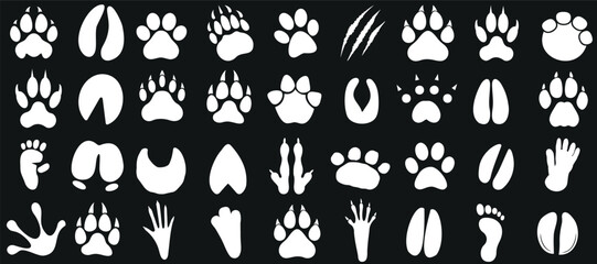 Animal paw print collection, white silhouettes on dark, diverse wildlife tracks, ideal for nature, tracking themes, vector isolated