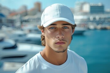 Wall Mural - portrait of caucasian man wearing plain cap hat, mockup